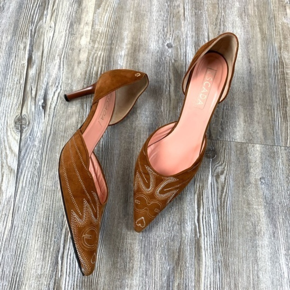 Escada Brown Suede Pointed Toe Kitten Heel Pumps - Picture 2 of 8